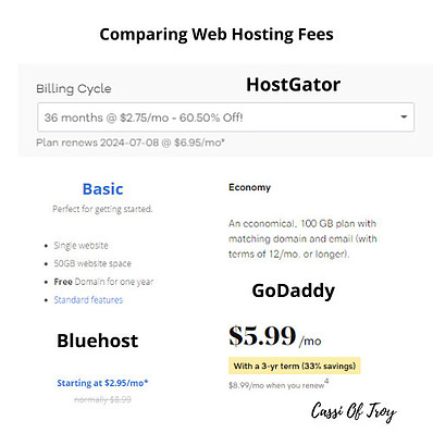 Comparison of Web Hosting Fees GoDaddy, Bluehost and HostGator