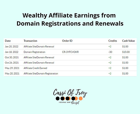 Wealthy Affiliate Earnings from Domain Registrations - Cassi Of Troy